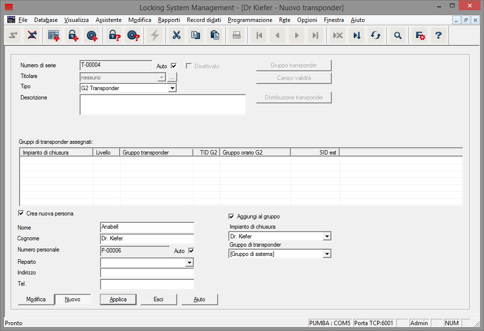 Creazione di un nuovo transponder