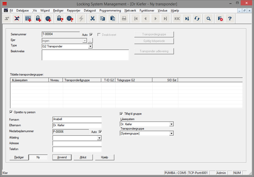 Oprette ny transponder