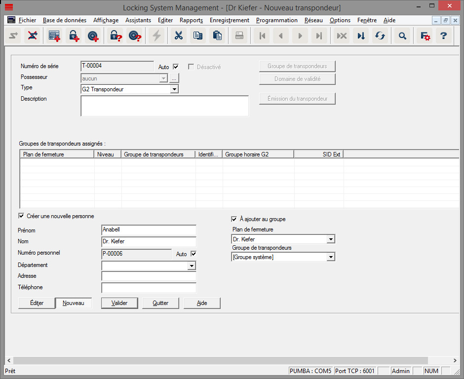 Créer un nouveau transpondeur