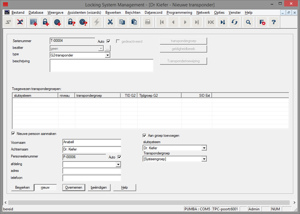 Nieuwe transponder aanmaken