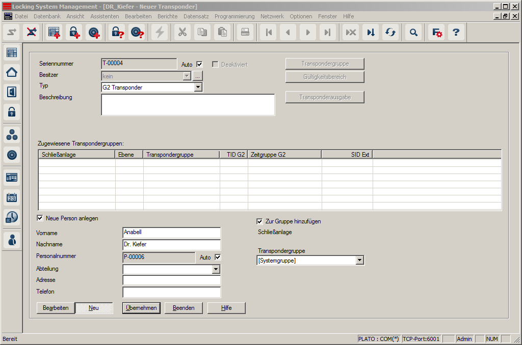 Neuen Transponder anlegen